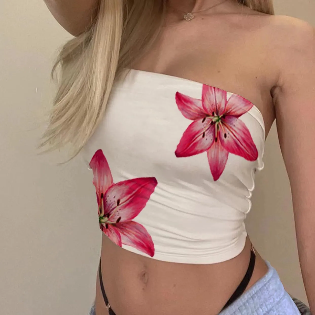 Muineobuka Women Y2k Floral Tube Tops Flower Print Strapless Sleeveless Bandeau Tops Summer Going Out Cropped Tube Tops