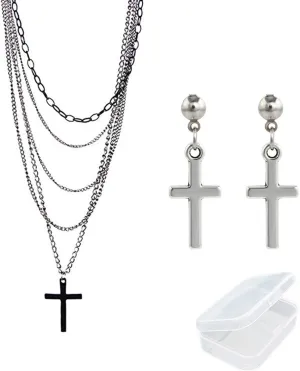 Multilayer Gothic Retro 80s Black Long Chain Fashion Cross Necklace and Stainless Steel Dangling Cross Earrings for Men Women-with Storage Box