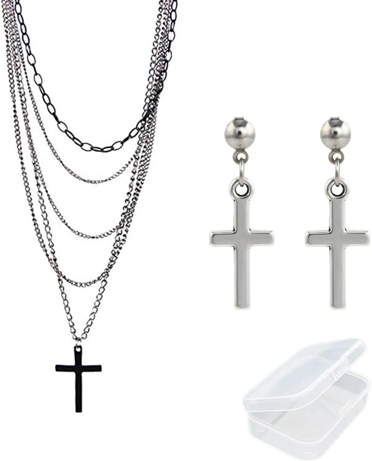 Multilayer Gothic Retro 80s Black Long Chain Fashion Cross Necklace and Stainless Steel Dangling Cross Earrings for Men Women-with Storage Box