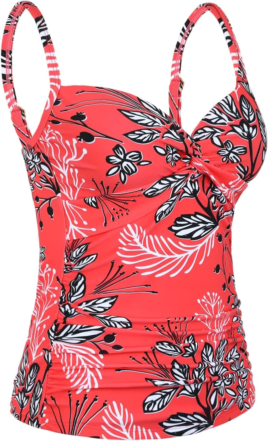 Mycoco V Neck Tankini Tops for Women Swimwear Tummy Control Swim Tops Ruched Padded Bathing Suit Tops
