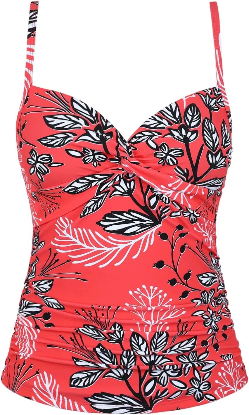 Mycoco V Neck Tankini Tops for Women Swimwear Tummy Control Swim Tops Ruched Padded Bathing Suit Tops
