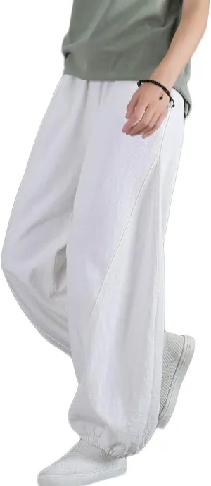 NFYM Women Cotton Linen Pants Elastic Waistband Wide Leg Tapered Harem Long Bloomer Trousers with Pockets