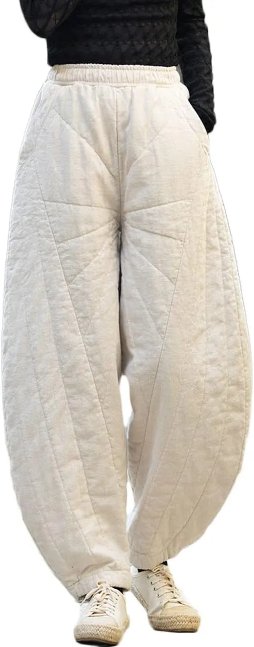 NFYM Women Quilted Pants Winter Warm Thick Cotton Linen Casual Wide Leg Elastic Waist Pocket Lantern Trousers