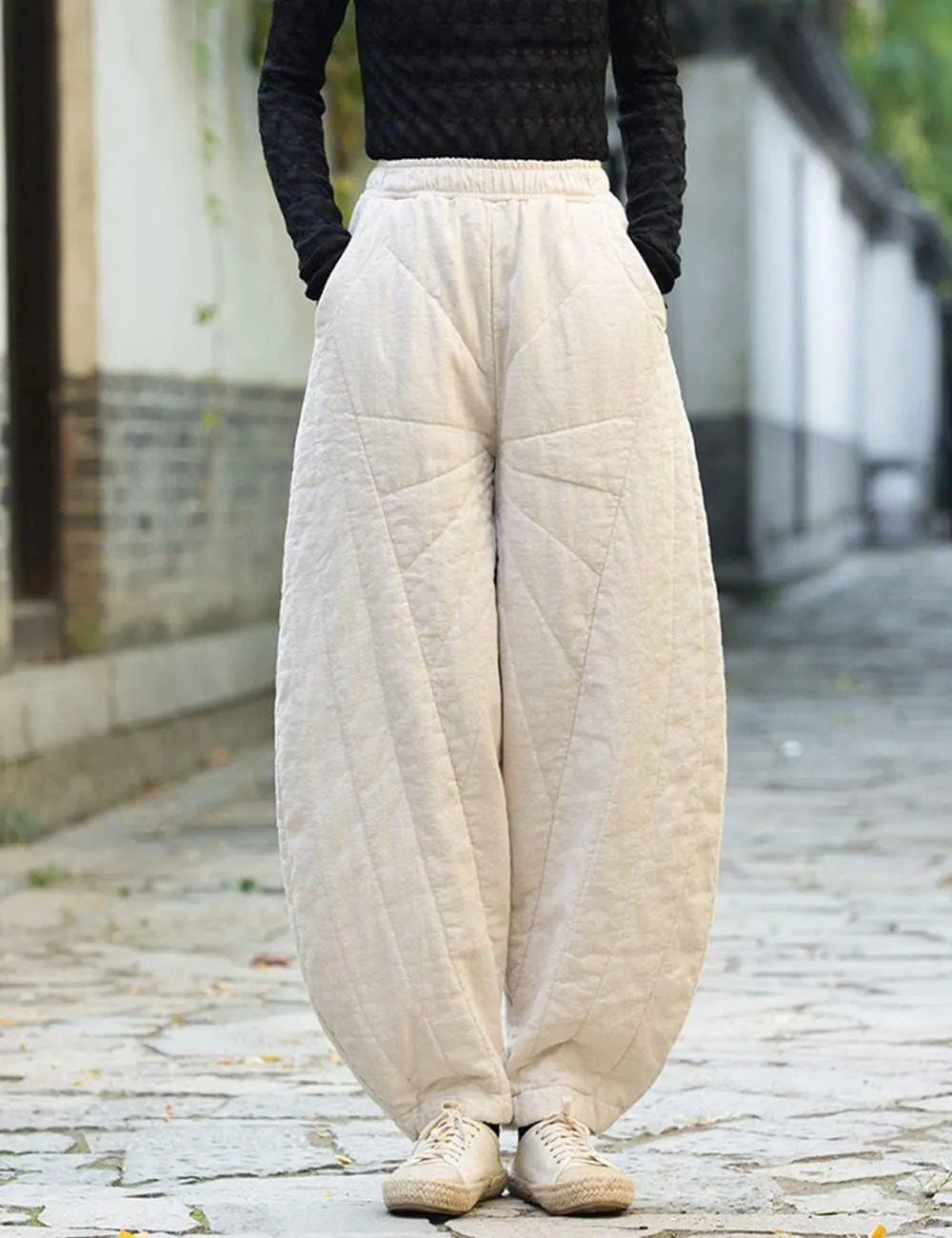 NFYM Women Quilted Pants Winter Warm Thick Cotton Linen Casual Wide Leg Elastic Waist Pocket Lantern Trousers