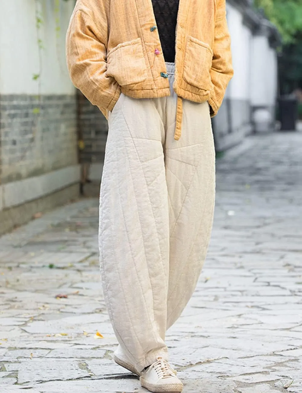 NFYM Women Quilted Pants Winter Warm Thick Cotton Linen Casual Wide Leg Elastic Waist Pocket Lantern Trousers