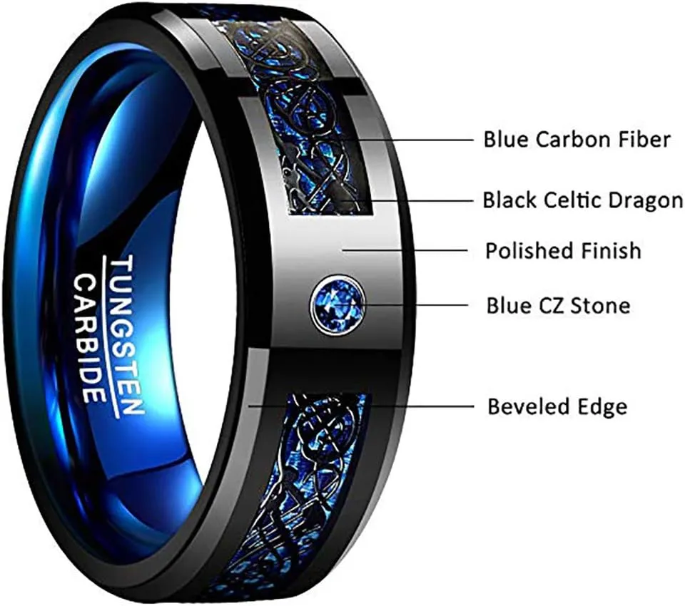 NUNCAD 6mm/8mm Tungsten Carbide Ring for Men Women Black Celtic Dragon and Blue Carbon Fiber Inlay Wedding Band Size 7-17