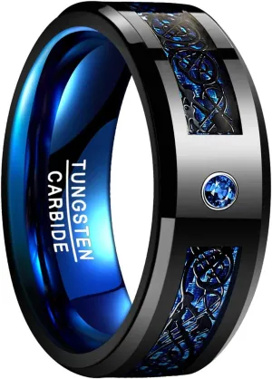 NUNCAD 6mm/8mm Tungsten Carbide Ring for Men Women Black Celtic Dragon and Blue Carbon Fiber Inlay Wedding Band Size 7-17