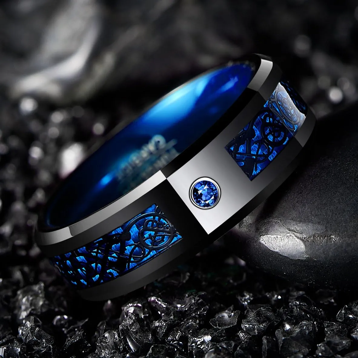 NUNCAD 6mm/8mm Tungsten Carbide Ring for Men Women Black Celtic Dragon and Blue Carbon Fiber Inlay Wedding Band Size 7-17