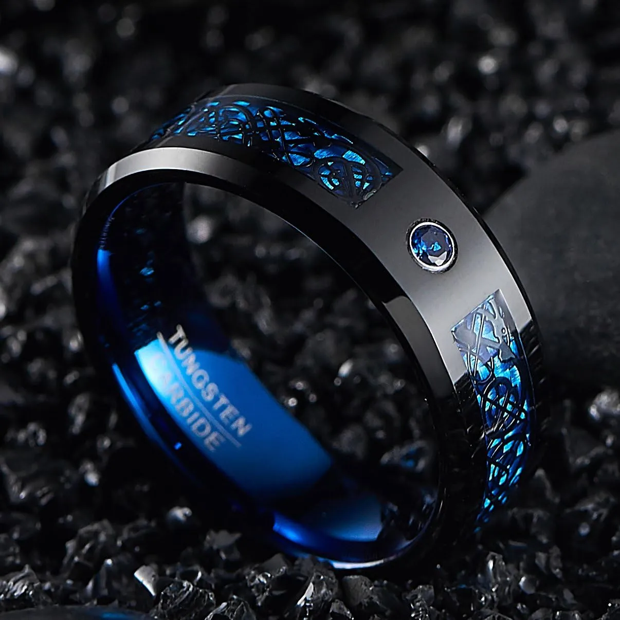 NUNCAD 6mm/8mm Tungsten Carbide Ring for Men Women Black Celtic Dragon and Blue Carbon Fiber Inlay Wedding Band Size 7-17
