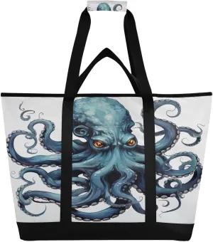 Octopus White Tote Bag for Women with Zipper Reusable Grocery Bags Foldable Insulated Cooler Bag Totes Handbags Shopping Bags for Groceries Beach Travel Work Picnic