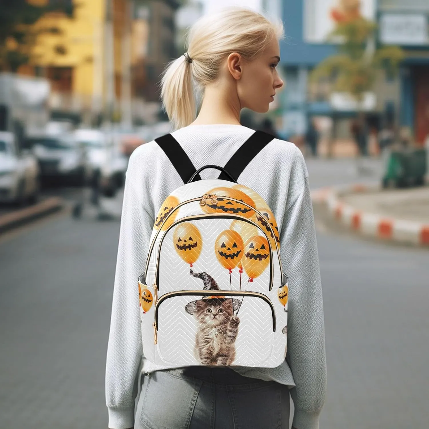 ODAWA Cat Cute Halloween Theme Quilted Backpacks Womens Backpack Purses Travel Backpack