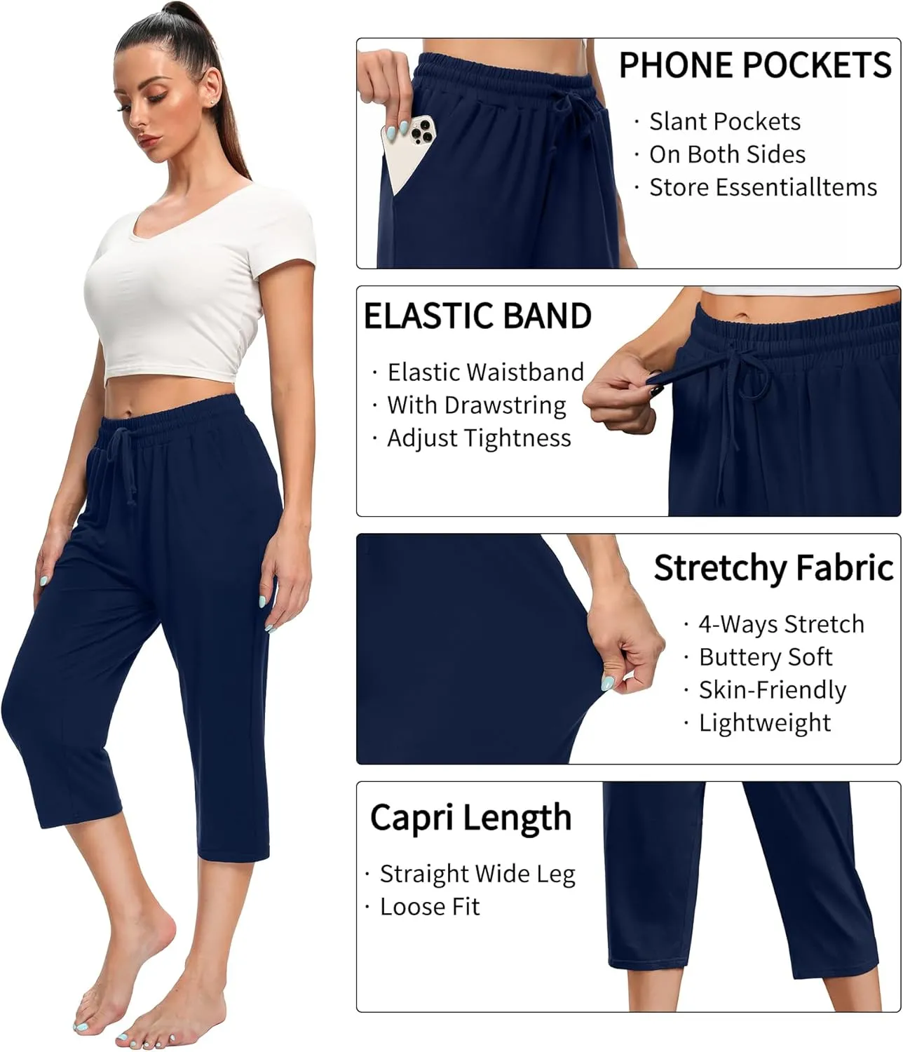 OLIKEME Women's Yoga Capri Pants Loose Drawstring High Waisted Sweatpants Lounge Running Gym Short With Pockets