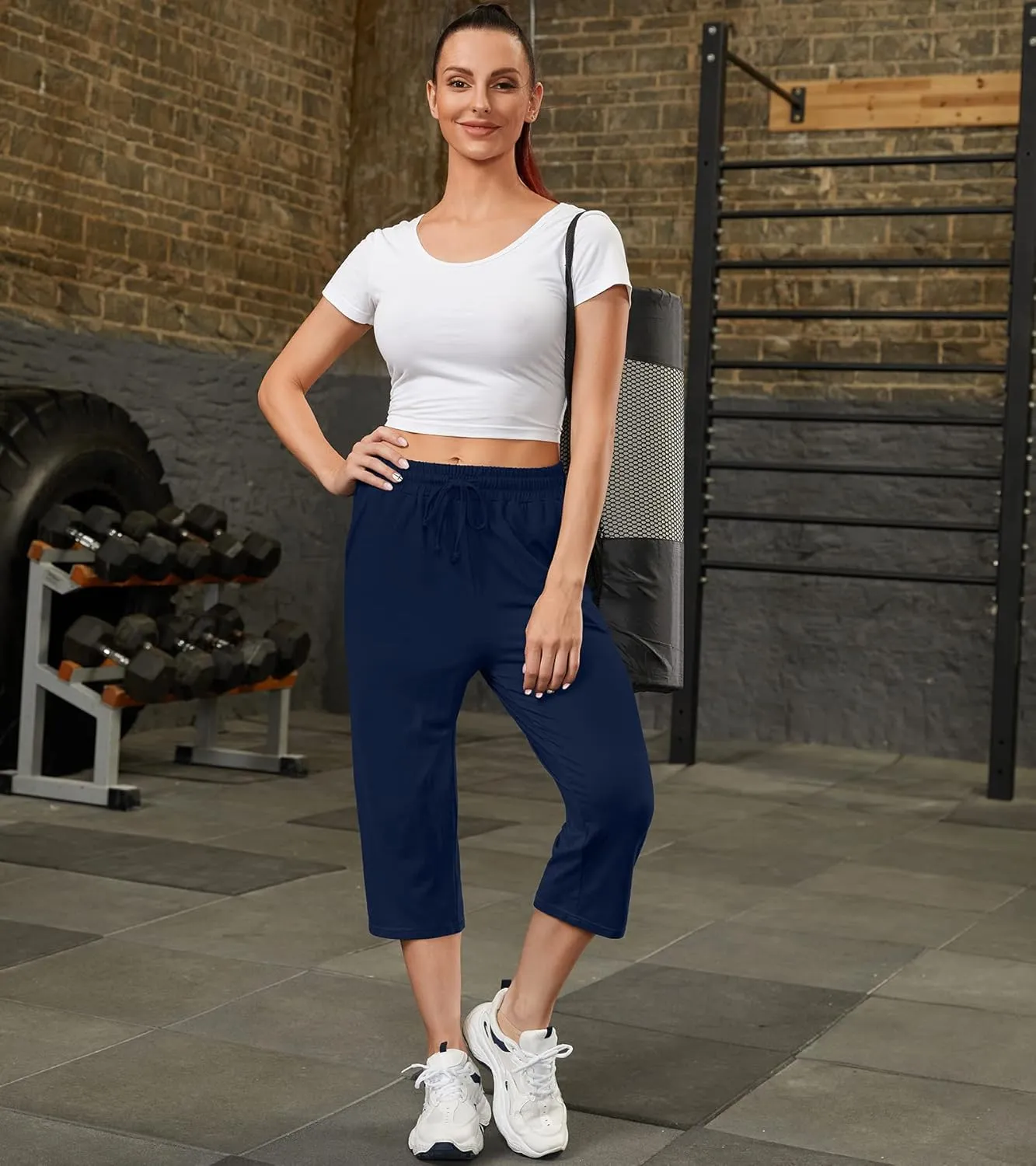 OLIKEME Women's Yoga Capri Pants Loose Drawstring High Waisted Sweatpants Lounge Running Gym Short With Pockets