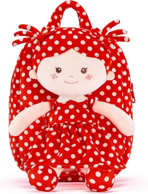 Onetoo Toddler Backpack Kids Backpacks with Soft Light Baby Dolls in Red Polka Dots Dress 9"