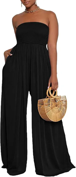 Ophestin Women's Strapless Tube Wide Leg Jumpsuits Smocked Women Jumpsuits Dressy Casual Flowy One Piece Jumpsuits Rompers