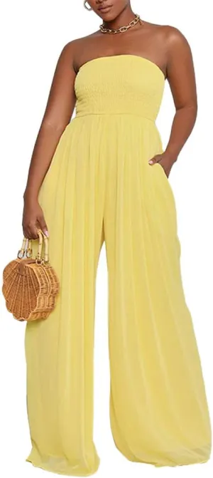 Ophestin Women's Strapless Tube Wide Leg Jumpsuits Smocked Women Jumpsuits Dressy Casual Flowy One Piece Jumpsuits Rompers