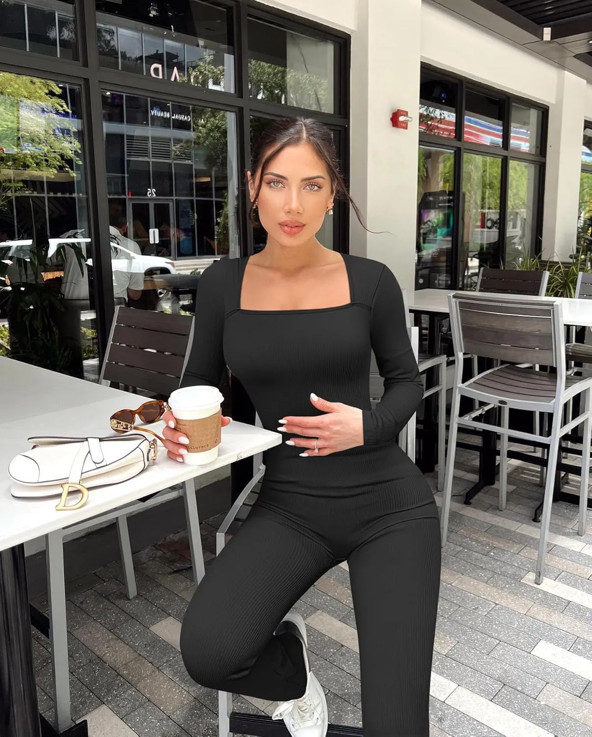 OQQ Long Sleeve Jumpsuits for Women Ribbed Long Sleeve Yoga Bell Bottoms Flare Jumpsuits