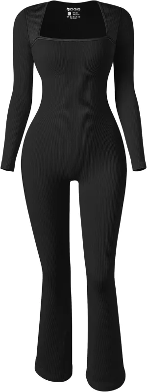 OQQ Long Sleeve Jumpsuits for Women Ribbed Long Sleeve Yoga Bell Bottoms Flare Jumpsuits