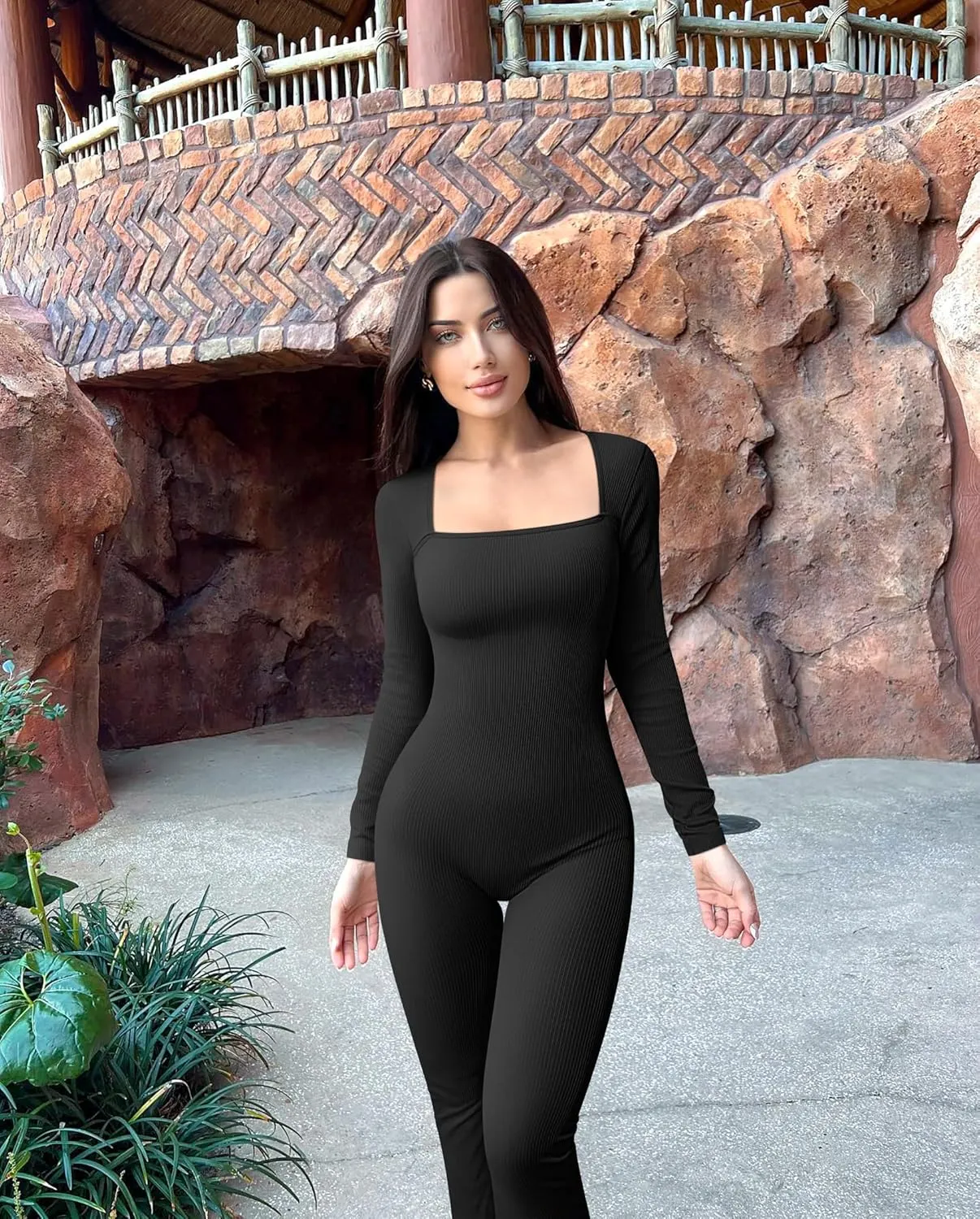 OQQ Long Sleeve Jumpsuits for Women Ribbed Long Sleeve Yoga Bell Bottoms Flare Jumpsuits