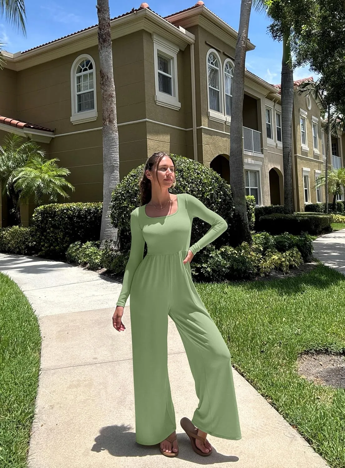 OQQ Women Wide Leg Pants Jumpsuits One Piece Long Sleeve Square Neck Jumpsuits