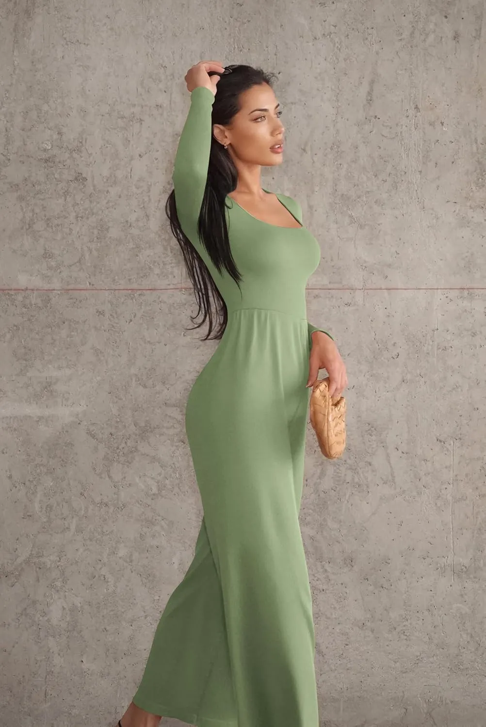 OQQ Women Wide Leg Pants Jumpsuits One Piece Long Sleeve Square Neck Jumpsuits