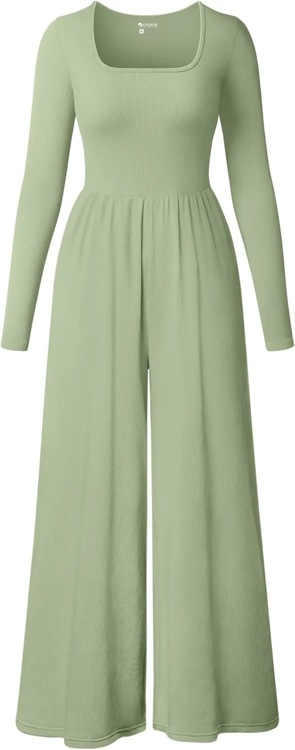 OQQ Women Wide Leg Pants Jumpsuits One Piece Long Sleeve Square Neck Jumpsuits