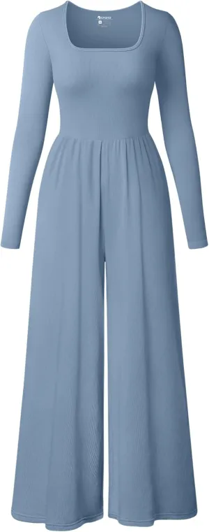 OQQ Women Wide Leg Pants Jumpsuits One Piece Long Sleeve Square Neck Jumpsuits