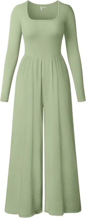 OQQ Women Wide Leg Pants Jumpsuits One Piece Long Sleeve Square Neck Jumpsuits