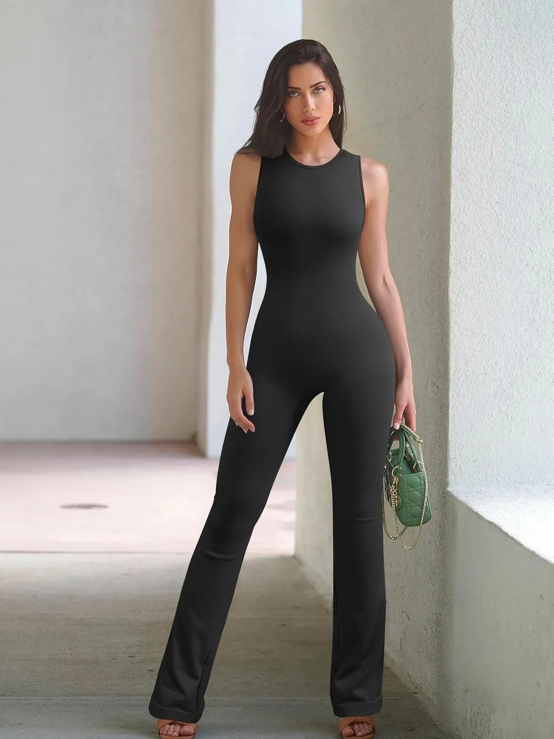 OQQ Women Yoga Jumpsuits Ribbed Crew Neck Sleeveless Bell Bottoms Flare Jumpsuits