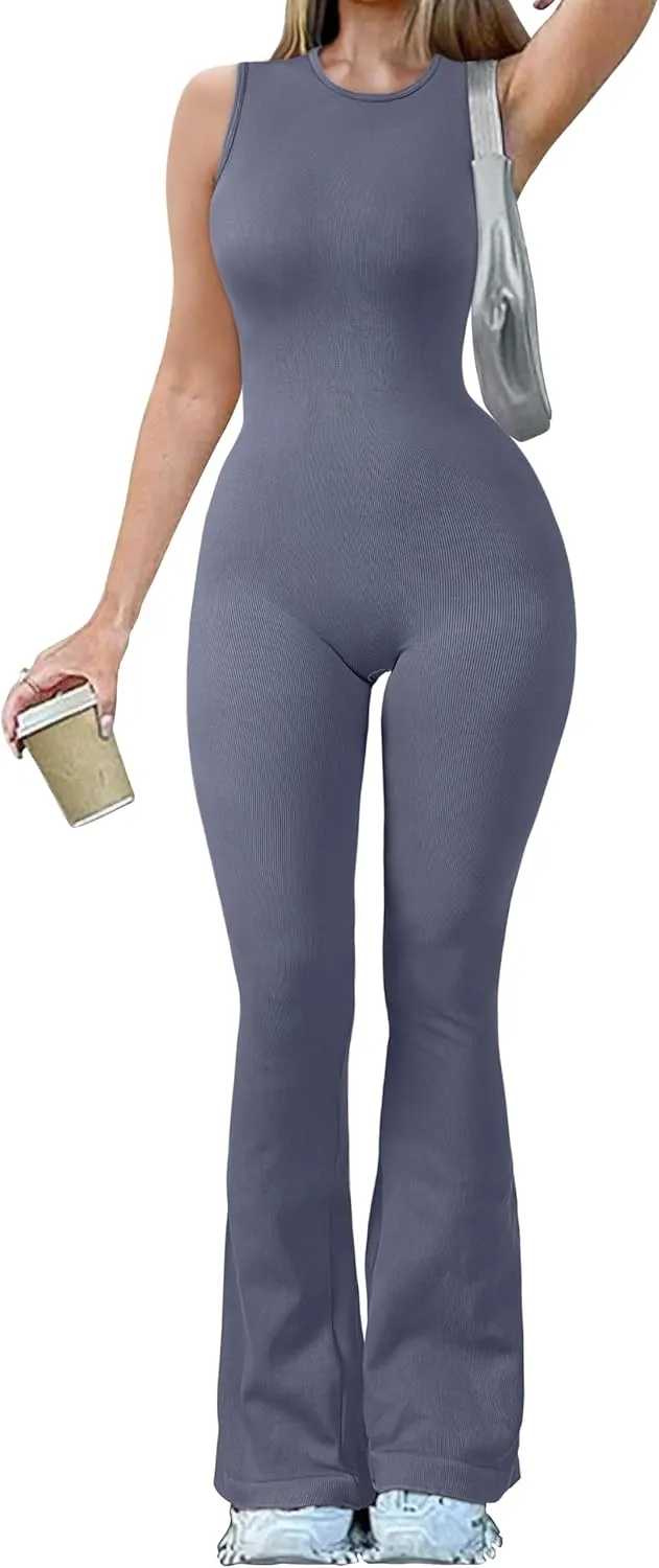 OQQ Women Yoga Jumpsuits Ribbed Crew Neck Sleeveless Bell Bottoms Flare Jumpsuits