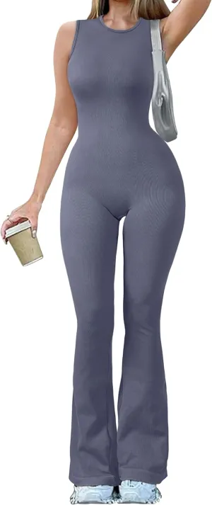 OQQ Women Yoga Jumpsuits Ribbed Crew Neck Sleeveless Bell Bottoms Flare Jumpsuits