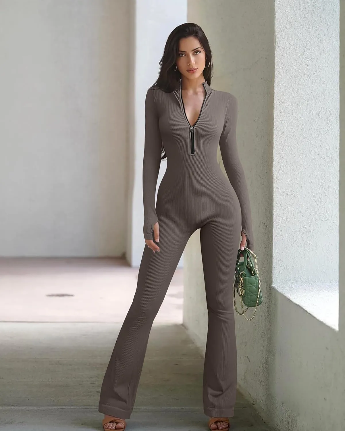 OQQ Women's Yoga Jumpsuits Ribbed Long Sleeve Zip Front Sport Bell Bottoms Flare Jumpsuits