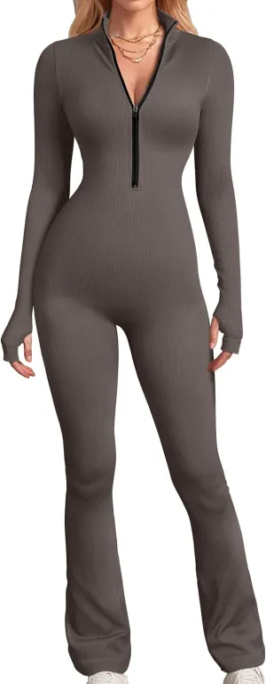 OQQ Women's Yoga Jumpsuits Ribbed Long Sleeve Zip Front Sport Bell Bottoms Flare Jumpsuits
