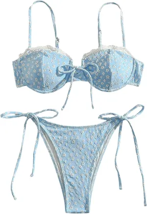 OYOANGLE Women's 2 Piece Floral Bikini Set Lace Trim Spaghetti Strap Underwire Padding Bathing Suits Swimwear