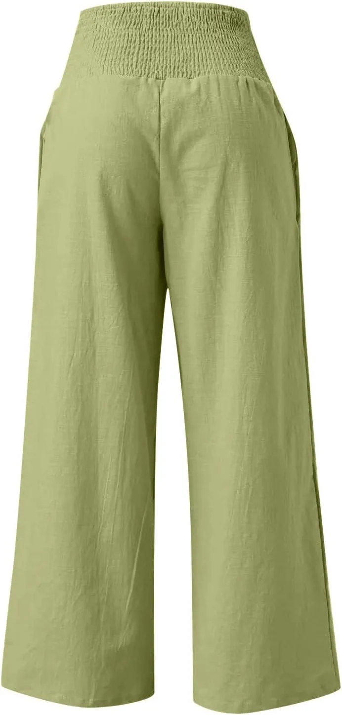 Palazzo Pants for Women Summer Wide Leg High Waist Linen Pants Loose Fitting Casual Flowy Trousers with Pockets
