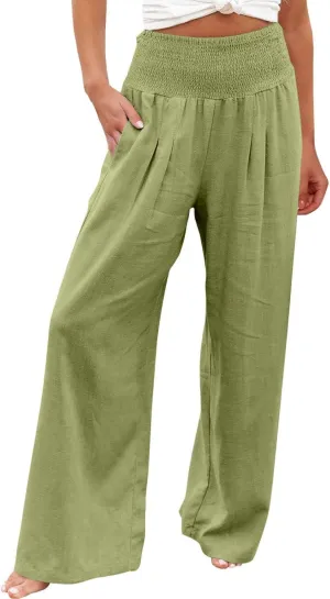 Palazzo Pants for Women Summer Wide Leg High Waist Linen Pants Loose Fitting Casual Flowy Trousers with Pockets