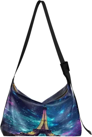 Paris Eiffel Tower Roses Starry Night Tote Bag for Women Large Hobo Bags Hobo Crossbody Bags Hobo Purse with Adjustable Strap for Men