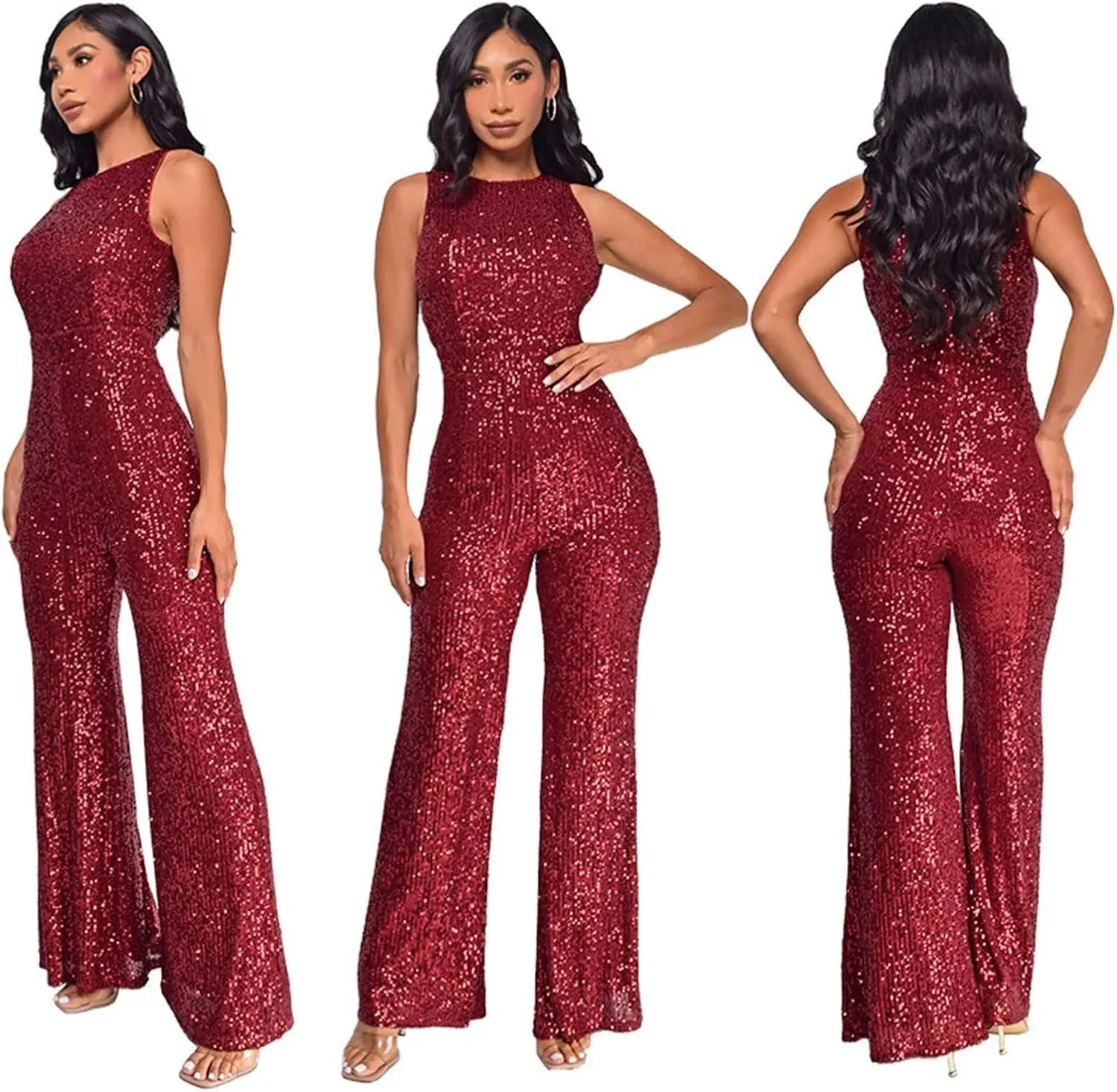 Party Formal Jumpsuit for Women Sleeveless Sequin Rompers Sparkly Long Pants Sexy Jumpsuits for Cocktail Party