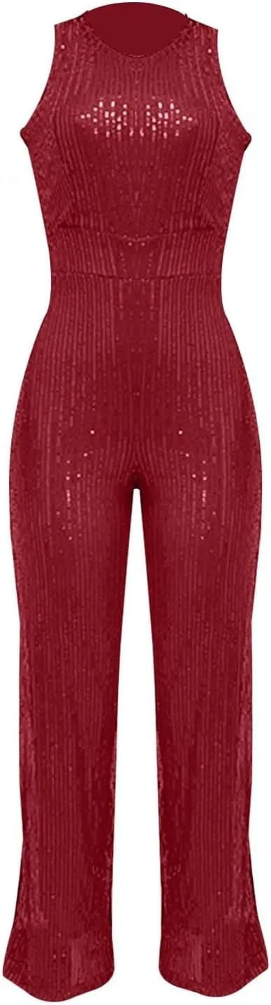 Party Formal Jumpsuit for Women Sleeveless Sequin Rompers Sparkly Long Pants Sexy Jumpsuits for Cocktail Party