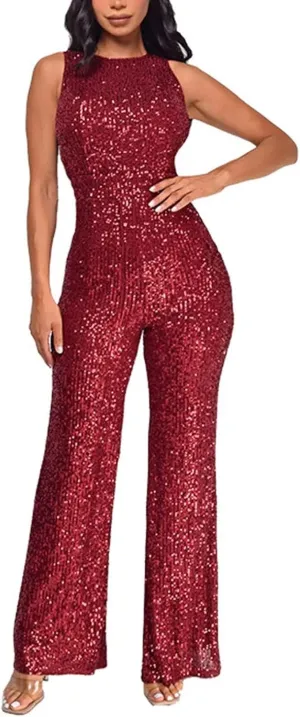 Party Formal Jumpsuit for Women Sleeveless Sequin Rompers Sparkly Long Pants Sexy Jumpsuits for Cocktail Party