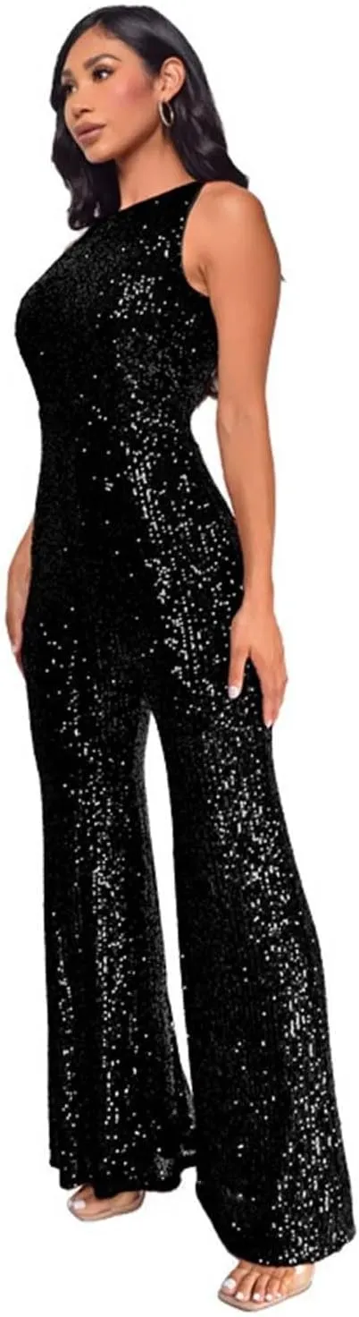 Party Formal Jumpsuit for Women Sleeveless Sequin Rompers Sparkly Long Pants Sexy Jumpsuits for Cocktail Party