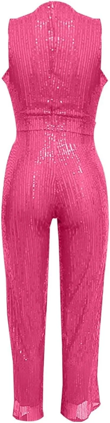 Party Formal Jumpsuit for Women Sleeveless Sequin Rompers Sparkly Long Pants Sexy Jumpsuits for Cocktail Party