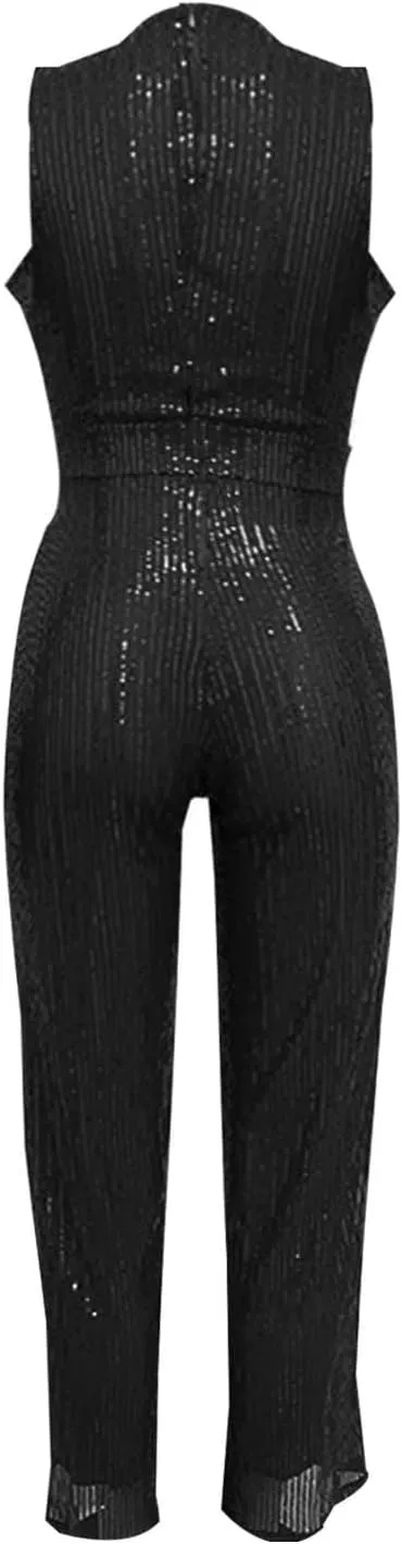 Party Formal Jumpsuit for Women Sleeveless Sequin Rompers Sparkly Long Pants Sexy Jumpsuits for Cocktail Party