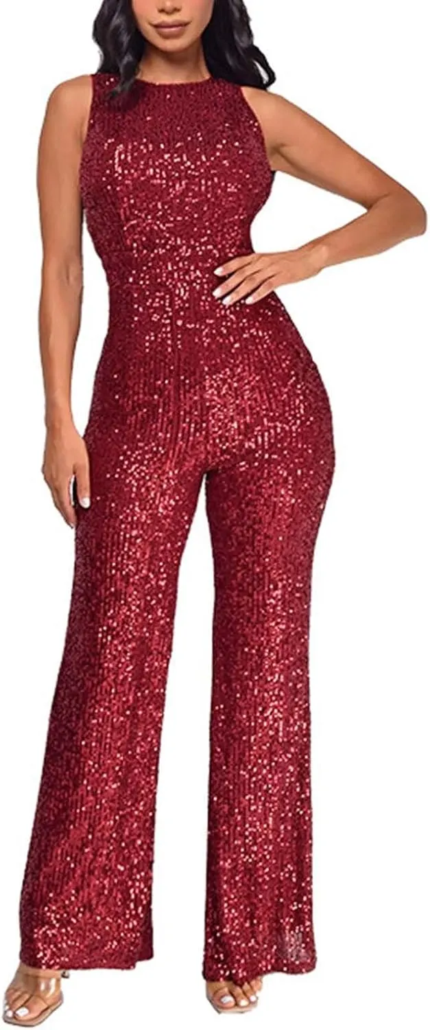 Party Formal Jumpsuit for Women Sleeveless Sequin Rompers Sparkly Long Pants Sexy Jumpsuits for Cocktail Party