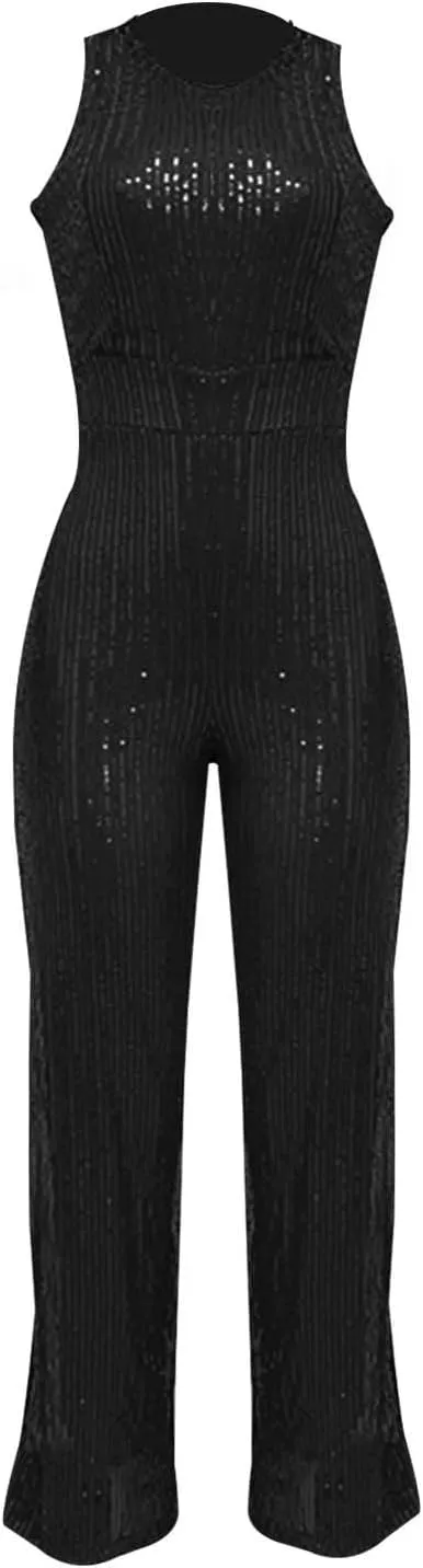 Party Formal Jumpsuit for Women Sleeveless Sequin Rompers Sparkly Long Pants Sexy Jumpsuits for Cocktail Party