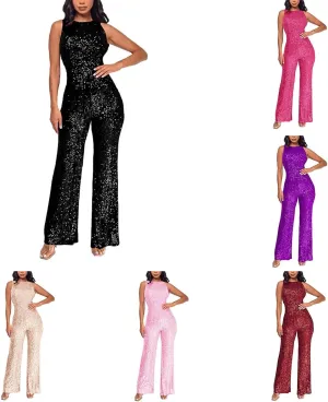 Party Formal Jumpsuit for Women Sleeveless Sequin Rompers Sparkly Long Pants Sexy Jumpsuits for Cocktail Party