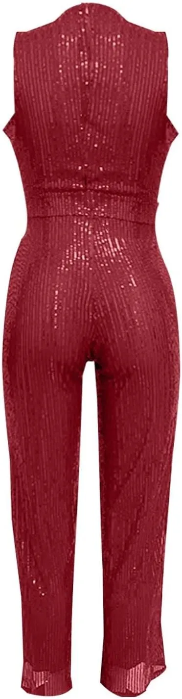 Party Formal Jumpsuit for Women Sleeveless Sequin Rompers Sparkly Long Pants Sexy Jumpsuits for Cocktail Party