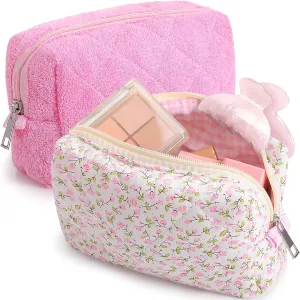 Paterr 2 Pcs Cotton Quilted Makeup Bag Plush Cosmetic Bag Floral Makeup Bag Checkered Pouch Coquette Aesthetic Toiletry Bag with Zipper