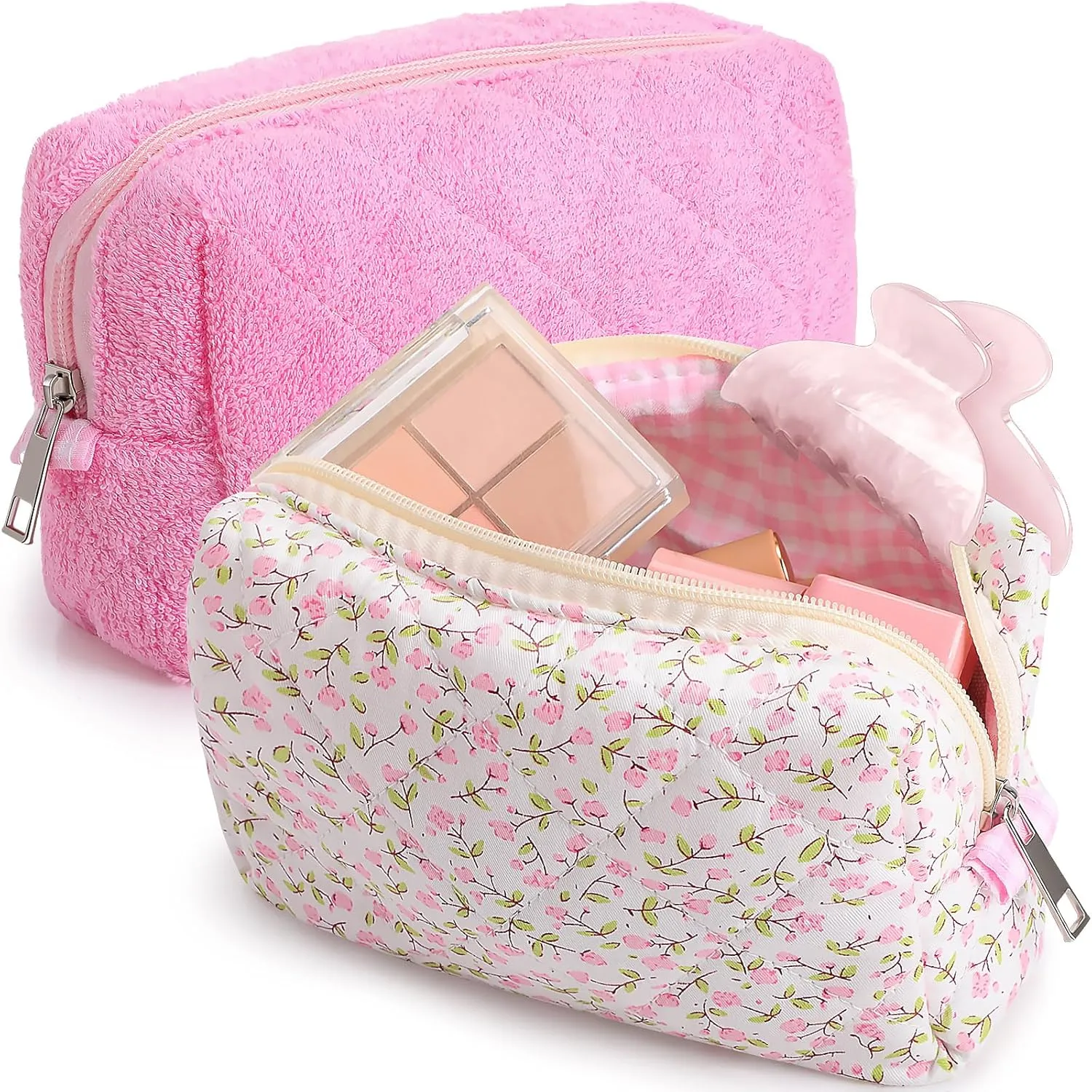 Paterr 2 Pcs Cotton Quilted Makeup Bag Plush Cosmetic Bag Floral Makeup Bag Checkered Pouch Coquette Aesthetic Toiletry Bag with Zipper
