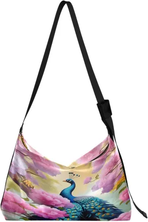 Peacock Oil Painting Tote Bag for Women Large Hobo Bags Crossbody Bags Shoulder Bag with Adjustable Strap for Travel Girl